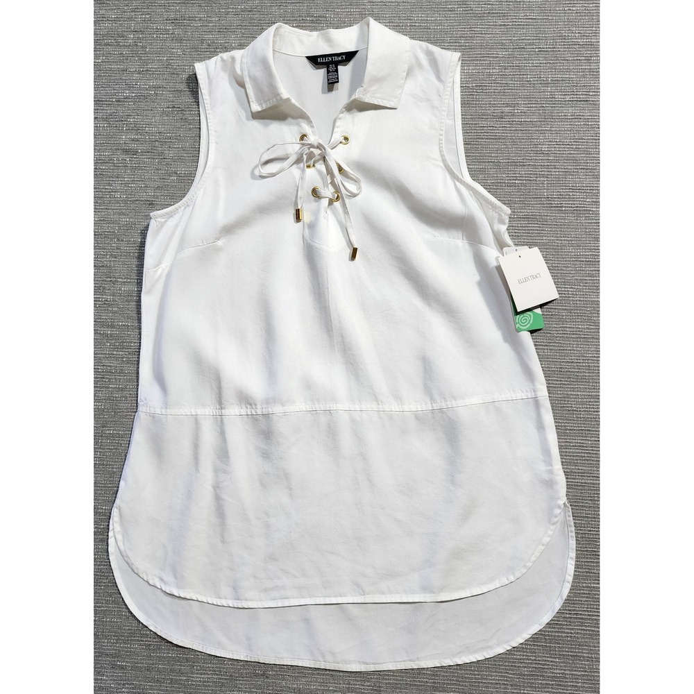 Ellen Tracy White Tencel Lyocell Lace Up Sleeveless Tunic Top Blouse Medium NWT - Picture 1 of 8